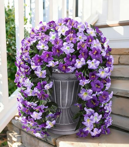 Ivydale Artificial Hanging Flowers for Outdoors, Faux Morning Glory 2Pcs UV & Fading Resistant Silk Flower for Porch Patio Balcony Planter Yard (Purple) - color: Purple