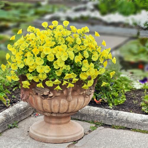 LikSoor 16 Bundles Artificial Flowers Outdoor Spring Summer Decoration Fake Silk Colorful Daisy Eucalyptus Realistic UV Outside Faux Plants for Garden Porch Window Box Home Decor Morning Glory Yellow - color: Morning Glory Yellow