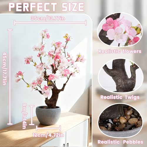TOARTi Artificial Pink Cherry Blossom Potted Plant with Stone Pot, 18" Tall Fake Flowers Faux Plants Desk Plant, Realistic Plants Home Indoor Decor for for Home Bedroom Bathroom Office Desk - color: Pink Cherry Blossoms 18''