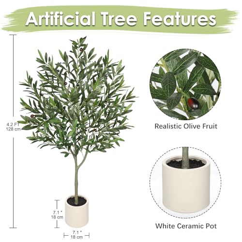 Hollyone Faux Olive Tree with Pot 4.2FT Small Fake Olive Tree Indoor 50.4inch with Natural Wood Trunk and Lifelike Fruits Potted Artificial Tree Plant Home Office Modern Housewarming Decoration Gift - color: Green - 4.2 Ft