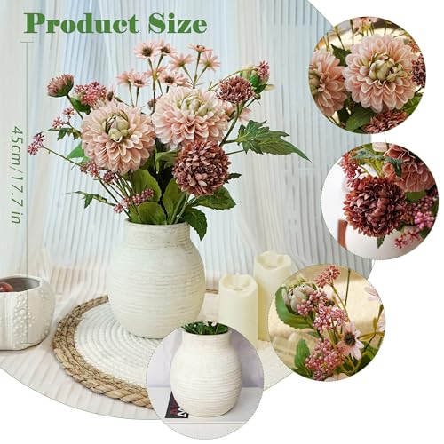 Fake Flowers with Vase for Home Decor, Faux Flowers with Paper Pulp Pot, Flower Arrangement with Silk Dahlias, Office Dining Living Room Decor, Centerpiece Table Decorations, Nude Pink - color: Dusky Pink