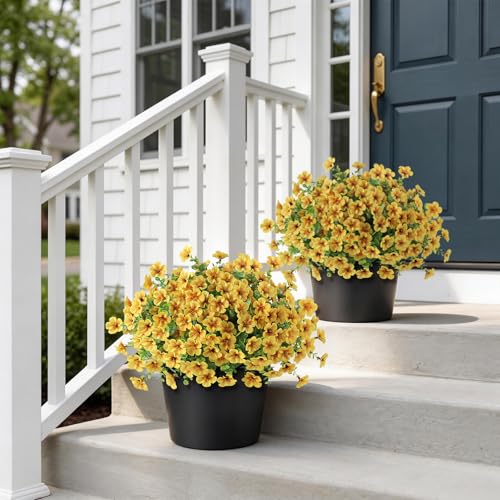 2 Set of Artificial Morning Glory & Eucalyptus Topiary Trees - Faux Silk Flower Potted Plants, UV-Resistant Fake Outdoor Morning Glory Bushes for Front Door, Yard, Farmhouse, Garden Decor (Yellow) - color: Yellow