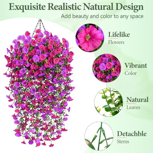 Artificial Hanging Flowers for Outdoors, Fake Hanging Flowers for Decoration, UV Resistant Artificial Outdoor Plants, 4 Pcs Morning Glory for Outdoors Garden Patio Porch Yard Decor, Purple & Fuchsia - color: Purple & Fuchsia, size: 4 Pack