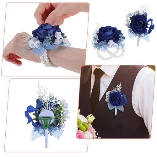 Grevosea 2 Pcs Blue Rose Corsage and Boutonniere Set, Artificial Wrist Double Pearl Corsage Wristlet Bracelets, Men Boutonniere for Wedding Party Formal Dinner Flowers Accessories Prom Suit Decor - color: Blue