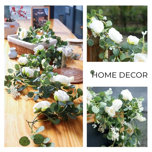 Der Rose 4 Pcs 26FT Artificial Flower Garland, White Rose & Eucalyptus Floral Garland, Faux Flower Vine for Wedding Table Runner Arch & Backdrop Decor - color: White 4 Pcs