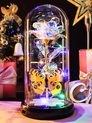 Mothers Day Rose Gifts for Mom Birthday Gift for Women, Rechargeable Galaxy Glass Rose in Glass Dome Colorful Crystal Flower Butterfly Mother's Day Flowers Gifts for Women Mom Wife Grandma Daughter - color: Usb-a Gold