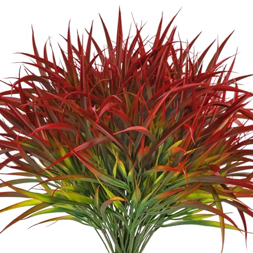 Ouddy Decor 16 Bundles Artificial Plants Outdoor Fake Grass Greenery Stems UV Resistant Faux Plastic Plants Shrubs for Spring Summer Garden Pathway Window Box Farmhouse Front Porch Home Decor, Red - color: Red