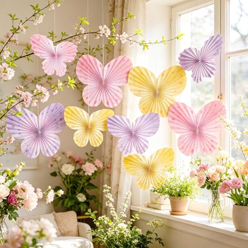 Easy Joy 9Pcs Paper Butterfly Decorations Butterfly Party Decor Hanging Paper Butterfly Fan Pastel Paper Fans Paper Butterflies for Spring Baby Shower Girls Room Wall Classroom Fairy Birthday - color: Pastel Paper Butterflies