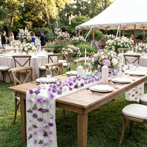 6 Pcs 35.4 Inch Artificial Purple Flower Garlands with 3 Pcs 10 Ft Wedding Tulle Table Runner Wildflower Vines Floral Table Runner Garlands for Wedding Bridal Shower Spring Tea Party - style: Purple Wildflower
