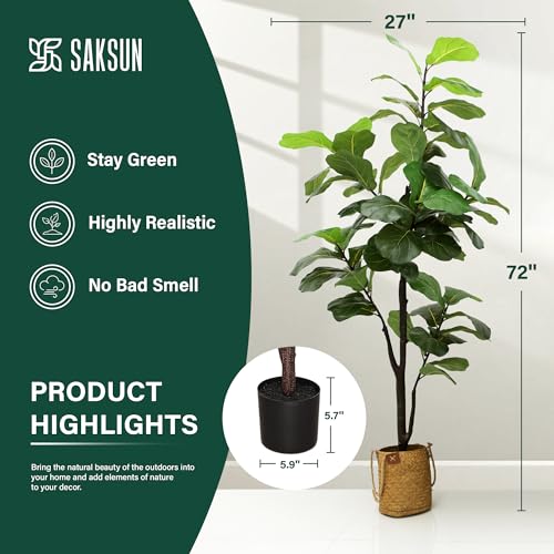 Artificial Fiddle Leaf Fig Tree 6FT Tall Fake Ficus Lyrata Plant with Faux Leaves Fig Silk Tree for Indoor Outdoor House Home Office Garden Decor - color: 6ft Fiddle Leaf Fig Tree, size: 8in