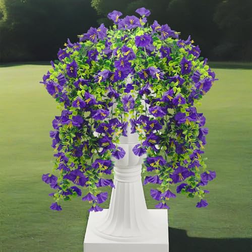 Musdoney 4PCS Artificial Hanging Flowers, Fake Hanging Plants Morning Glory Vines UV Resistant for Wall Home Room Garden Wedding Indoor Outdoor Spring Summer Decoration (Purple) - color: Purple