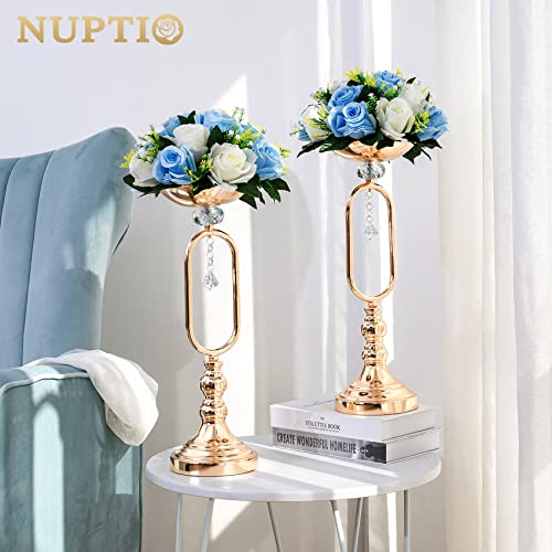 NUPTIO Flower Balls for Table Centerpieces: Blue White Fake Flowers | 2 Pcs Artificial Rose Bouquet Arrangements for Wedding Birthday Party Quinceanera Decor - color: Blue & White, size: 2 Pcs