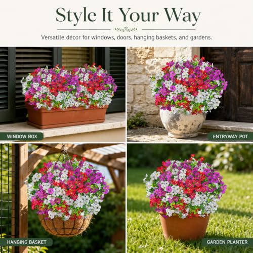 Artificial Flowers for Outdoors UV Resistant, 12 Bundles Realistic Faux Daisy with Eucalyptus Leaves Fake Plants for Porch Patio Planter Garden Decoration (Rose Red White Light Purple) - color: Rose Red White Light Purple