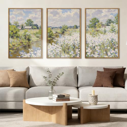 BINCUE Framed Wildflower Wall Art Rustic Floral Wall Decor Vintage Landscape Artwork Nature Flowers Wall Pictures Wildflowers Art Prints Florals Paintings for Living Room Bedroom Bathroom Farmhouse 16x24 Inches Set of 3 Gift - color: Nature Wildflower, si