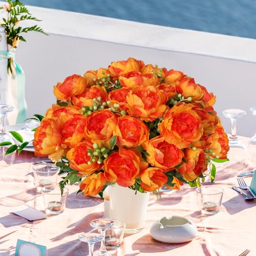 8 Bundles Orange Artificial Peonies Flowers Fake Silk Hydrangea Bouquet Faux Peonies Flowers Bulk for Fall Decoration Vase Florals Arrangements Wedding Party Table Centerpiece - color: Orange