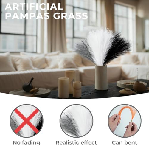 45pcs Artificial Pampas Grass 21.6" Faux Dried Flowers Pompas Grass Bouquet Flower Arrangement and Vase Filler for Gothic Room Decoration Wedding Party Boho Home Decor（Black &Gray &White） - color: Black &Gray &White