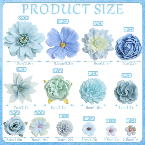 Fake Flowers Heads Bulk Blue Mini Artificial Silk Flower for Crafts, Small Artificial Daisy Roses Faux Flowers for Graduation Cap DIY Cake Wedding Party Home Garland Decoration - color: Blue