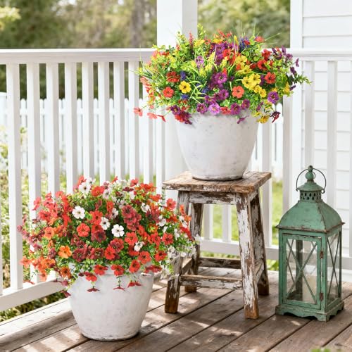 Hommyea Artificial Flowers for Outdoors, 14 Bundles Multicolor Silk Fake Flower for Spring Summer Decoration, UV Resistant No Fade Artificial Outdoor Plants for Home Planter Porch Patio Yard Decor - color: Mixd Color With Lavender Grass