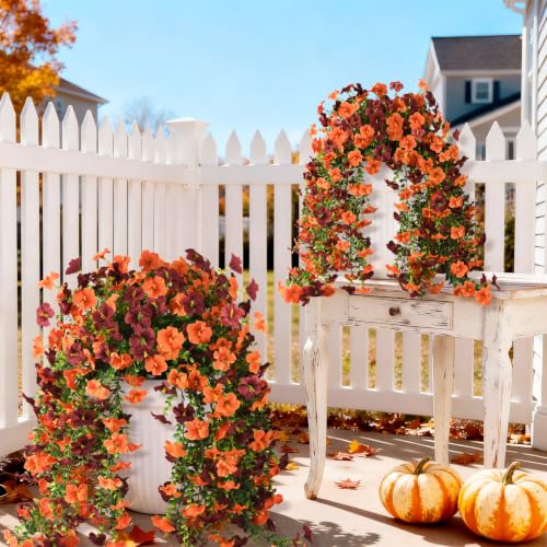 INQCMY Artificial Fake Fall Flowers Plants for Outdoor Decoration,2 PCS Faux Silk Morning Glory with Eucalyptus Leaves,UV Resistant Realistic Outdoor Flowers for Balcony Porch Patio Yard Garden - color: C Orange Brown