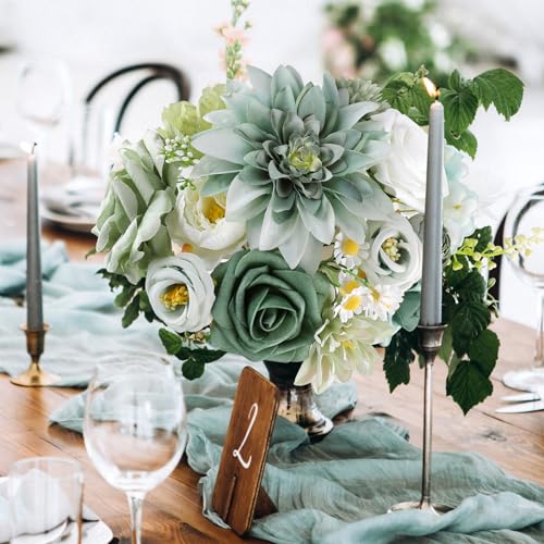 AmyHomie Forest Sage Green White Artificial Flowers Combo Silk Rose Fake Flowers w/Stem for DIY Wedding Bouquets Centerpieces Arrangements Table Decor Party Bridal Baby Shower Christmas Decorations - color: Forest Green