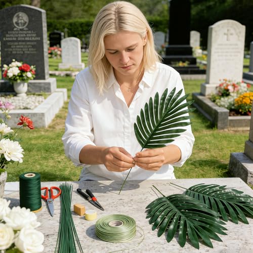 Lebaley 48 PCS Artificial Palm Leaves Cemetery Flowers - Faux Palm Fronds with Stems,Fake Greenery Stems Grave Decor,Palm Fronds for Cemetery Saddles,Memorial Day,Veterans Day,Independence Day - size: 48pcs