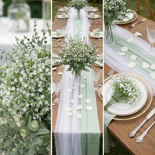 lovemoon 100 Pcs Mixed Greenery Artificial Eucalyptus Stems, Baby Breath Artificial Flowers Bulk and Eucalyptus Leaves for Wedding Bouquets Home Office Floral Decor (100, Green and White) - color: Green and White