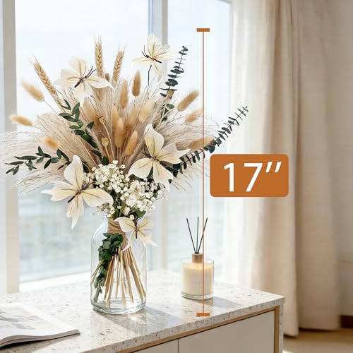 Pampas Grass Dried Flower Bouquet for Boho Home Decor | Eucalyptus, Butterflies & Bunny Tails Arrangements for Vase, Moody Office,Bedroom Table Centerpiece Décor - color: Natural