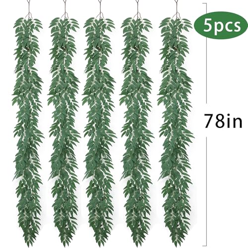 mizii 5 Packs 390" Artificial Vines Willows Garland Fake Vine Italian Ruscus Silk Green Leaves Faux Plants Greenery Decoration for Bedroom Room Wall Party Table Centerpieces Wedding Arch Decor - color: Willows