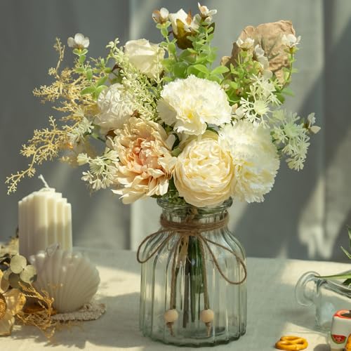 LESING Fake Artificial Flowers with Vase Faux Silk Flower Bouquet in Glass Vase Rose Floral Arrangements Flower for Home Office Decoration, Dining Table Centerpiece (White) - color: White