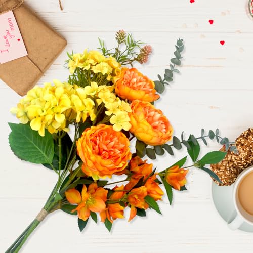 Artificial Flowers Bouquet – Fake Silk Hydrangea Peony and Eucalyptus Mix, Faux Flower Arrangements for Home, Office Decor and Dining Table Centerpieces (Yellow&Orange) - color: Yellow &Orange