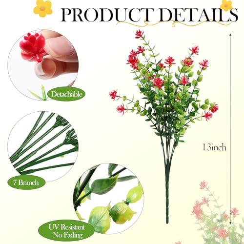 12 Pack Artificial Flowers & Plants for Outdoor Decor - Faux Eucalyptus & Lavender Greenery Shrubs - Fake Plants for Garden, Porch, Patio, Cemetery - Spring & Autumn Home Decoration - color: Red