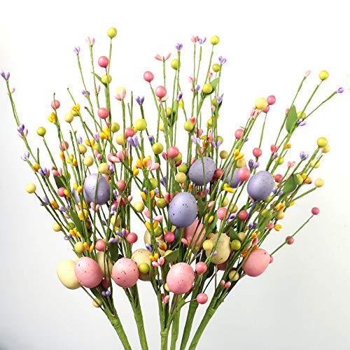 J'FLORU 6 pcs Artificial Easter Stems, Colorful Berry Picks Berry Stems with Easter Eggs for Home Centerpiece Vase Windowsill Decor and Spring Summer Holidays
