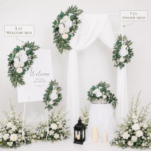 AitnWoy Artificial Wedding Arch Flowers Kit 2 PCS Dust Rose Flowers Silk Peony Floral Swag Welcome Sign for Wedding Ceremony Party Home Garland Decor - color: White, size: 28" + 11"
