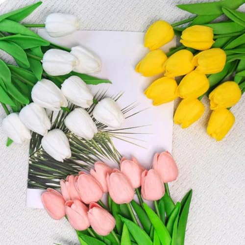 Artificial Tulips 10Pcs Real Touch Fake Tulips PU Flower Arrangement Bouquets for Home Party Decoration (Yellow) - color: Yellow