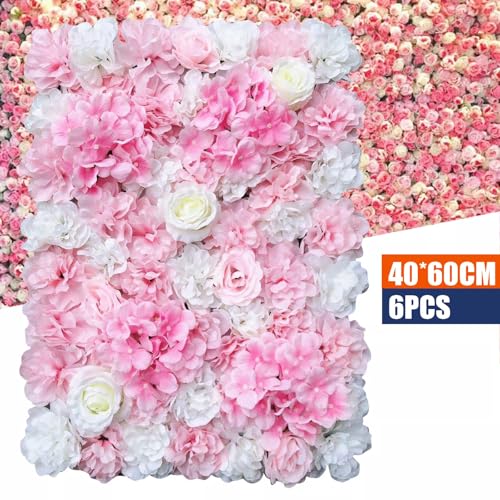 Flower Wall Panel Floral Backdrop, 6 Pcs Flower Wall Decor, 24" X 16" Silk Rose Wall, Artificial Flower Wall Backdrop Faux Flower Panel for Wedding, Party, Home (White Dahlia + Sweet Pink) - color: White Dahlia + Sweet Pink