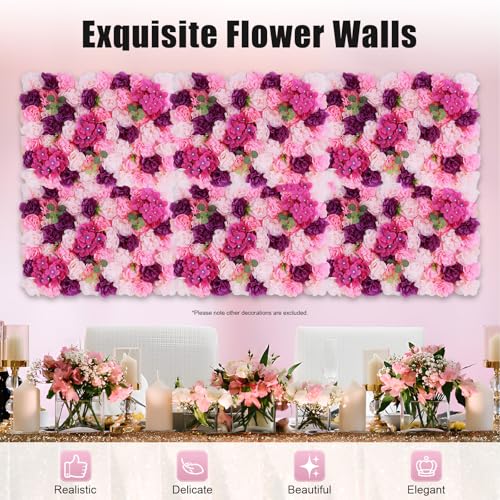 Flower Wall Panel Floral Backdrop, 6 Pcs Flower Wall Decor, 24" X 16" Silk Artificial Flowers Backdrop Faux Rose Panel for Wedding, Party, Home (Pink+Purple) - color: Pink+purple
