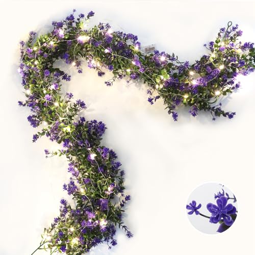 RECUTMS Faux Lighted Mantle Garland Artificial Hanging Greenery Fake Hanging Eucalyptus Leaves Vine with Lights Swag Garland for Indoor Outdoor Wall Party Mantel Wedding Table Arch Decor(Purple) - color: Purple With Lights