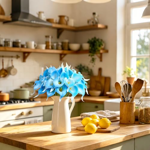 Artificial Calla Lily 12Pcs Blue Real Touch Faux Flowers for Wedding Bouquet, Bride Bridal Shower, Spring Home Kitchen Table Decor, Fake Lilies for Centerpieces, Party Decorations - color: White Blue