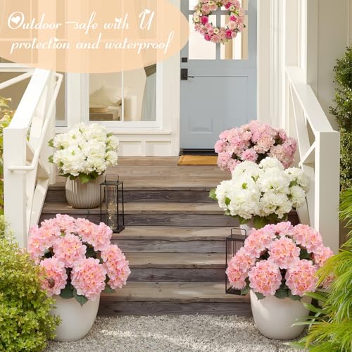 Janinka 2 Pcs Pink and White Outdoor Artificial Hydrangea Stem Large Faux Hydrangea Bushes with 5 Heads Uv-Resistant Waterproof Outdoor Faux Floral for Porch Wedding Yard Garden Decorations - color: Pink and White