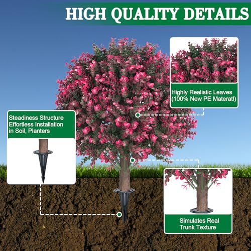 AOKIIE 24" Artificial Boxwood Topiary Bushes UV Resistant for Outdoor 2PCS | Artificial Shrubs with Ground Spike, Rose Faux Outdoor Plants for Indoor & Outdoor Garden, Yard, Porch, Patio - color: Rose