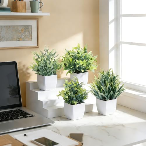 CEWOR Fake Plants 4 Packs Small Artificial Plants Mini White Potted Greenery Bathroom Accessories Decorations for Desk Bathroom Office Home Room Kitchen Table Decor Indoor - color: Grey