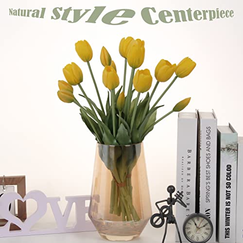 20pcs Artificial Tulip Flowers,16 Inch Real Touch Tulip Stems with Faux Leaves, Faux Tulips and Buds for Home Décor Centerpiece Ornament Wedding Bouquet,Yellow - color: Yellow
