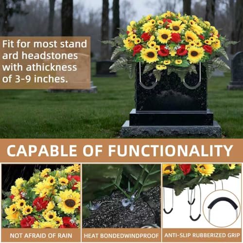 Artificial Cemetery Flowers for Grave,Headstone Flower Saddle Silk Sunflowers Grave Flowers for Cemetery Memorial for Outdoor Gravesite Decoration (Red) - color: Red