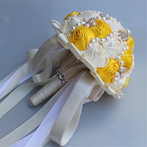 USIX Handcraft Popular Satin Rose Rhinestone Brooch Flower Pearl Bridal Holding Wedding Bouquet Wedding Flower Arrangements Bridesmaid Bouquet(Yellow+Ivory) - color: Yellow+ivory