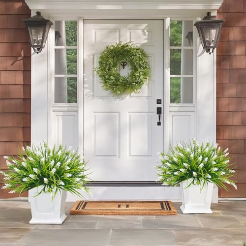40 Bundles Artificial Plants Outdoor Fake Monkey Grass with Lavender Flowers Plastic UV Resistant Greenery Shrubs for Window Box Porch Garden Patio Outdoor Decor(White) - color: White