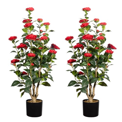 Romantic Season 2Pack Artificial Camellia Tree, 3FT, Red Faux Camellia Plant, Fake Potted Flower Tree for Modern Homes - color: Red, size: 3FT
