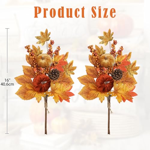 Briful 2Pack 16in Fall Picks and Sprays with Velvet Pumpkins Pinecones Berries Maple Leaves Artificial Fall Floral Branches Stems for Vases Autumn Table Centerpieces Seasonal Home Decor - color: Yellow Brown