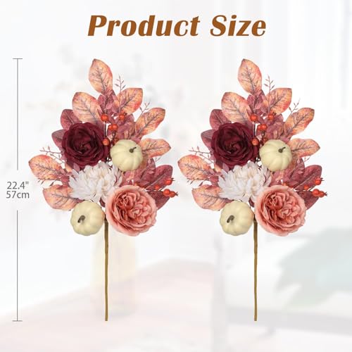 Fake Fall Flowers Bouquet Arrangements Artificial Silk Flower Stem with White Pumpkin and Pink Eucalyptus Leaves Autumn 2PS Red Floral Table Centerpieces for Vase Home Kitchen Thanksgiving Decor - color: Pink and Burgundy