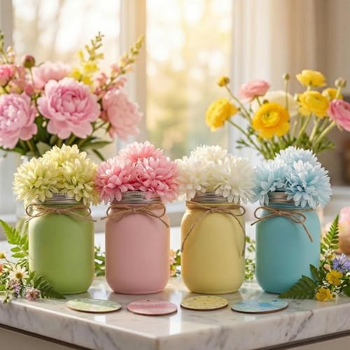 4 Set Spring Table Centerpieces Decoration Spring Mason Jar with Artificial Flowers Wooden Egg Tag Pastel Mason Jar Table Decoration for Home Office Dining Room Kitchen Desk Decor