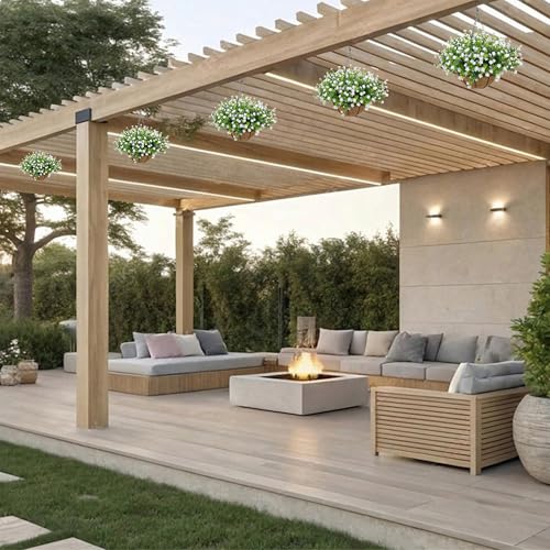 NETAP Artificial Hanging Flowers Basket for Outdoor, 16 Fake Flowers Look Real UV Resistant, Faux Hanging Plants for Porch, Balcony, Patio, Garden, Spring Summer Decor,White - color: White